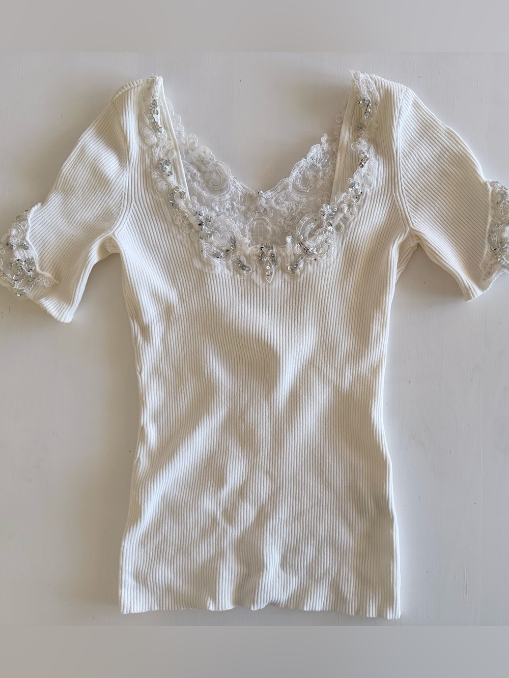 Rare Y2k shirt heavy embellished sequins White Ribbed Lace Knit Top CACHE Small